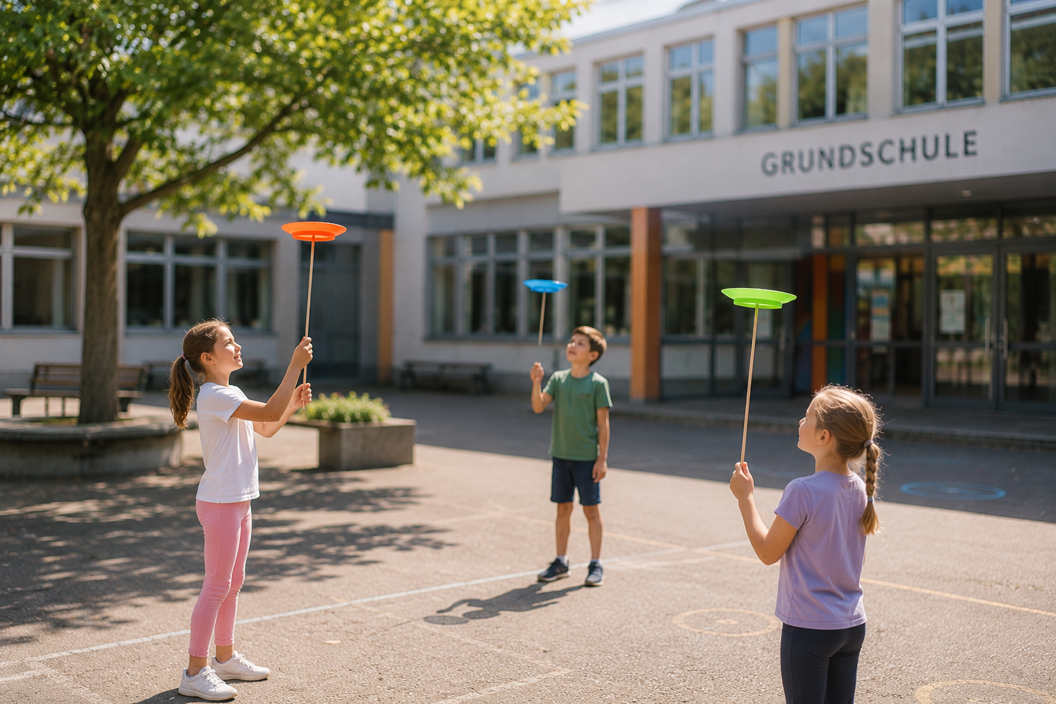Artistik und Tellerdrehen vor einer Schule