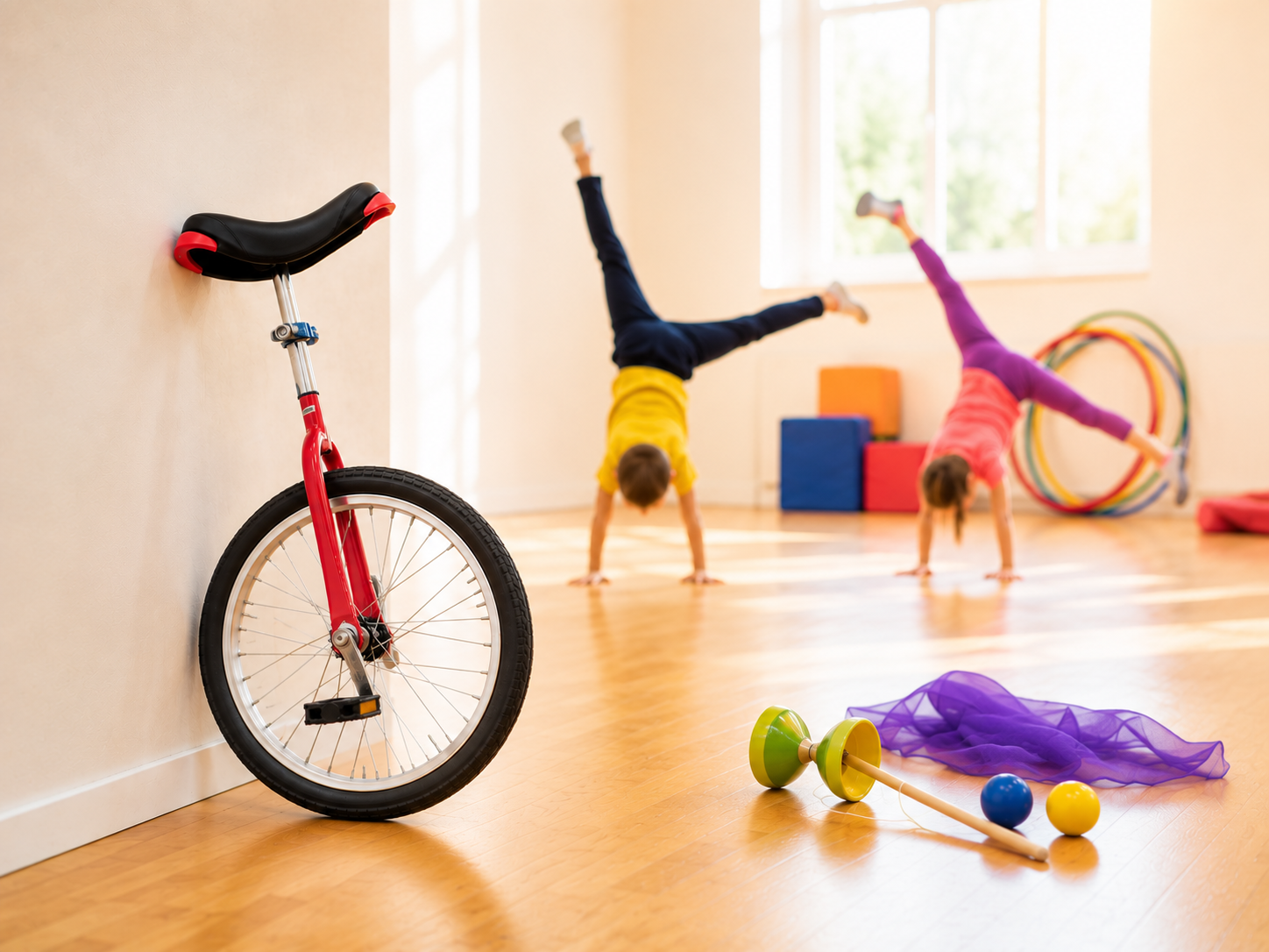 Einrad und Jongliermaterial bei einem zirkuspädagogischen Kurs für Kinder